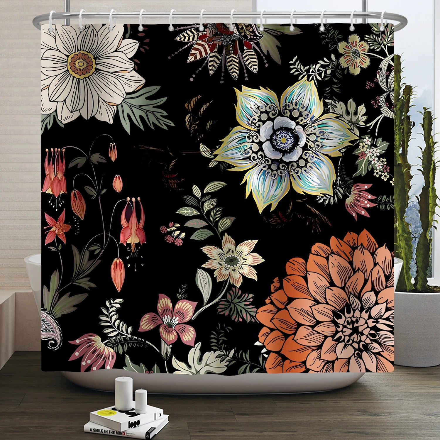 Floral Boho Skull Pattern Neutral Color Flower Fabric Print Polyester buy Shower Curtain