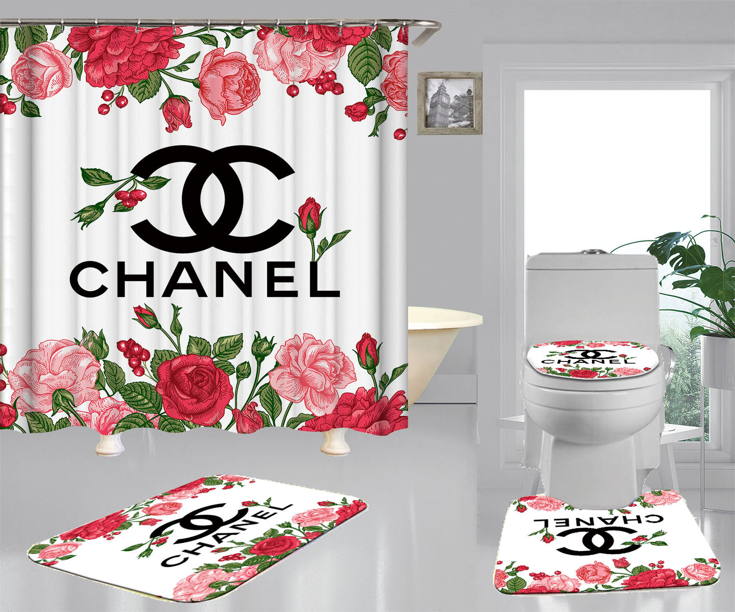 Chanel shower curtain Logo In Red Roses Background Bathroom Set Shower Curtain