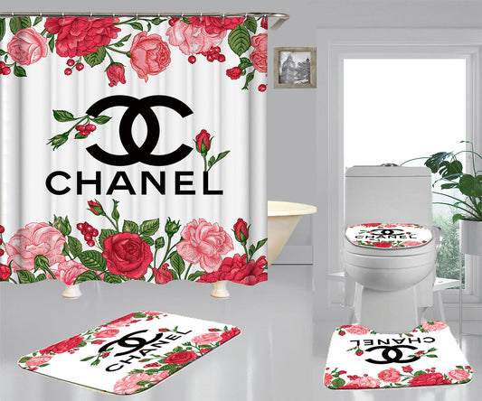 Chanel shower curtain Logo In Red Roses Background Bathroom Set Shower Curtain